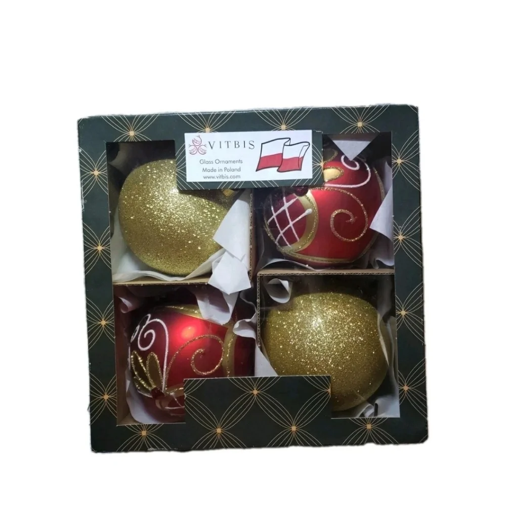 Vitbis Glass Christmas Ornaments Polish Red Gold Sparkle Glitter Bedazzled Gem